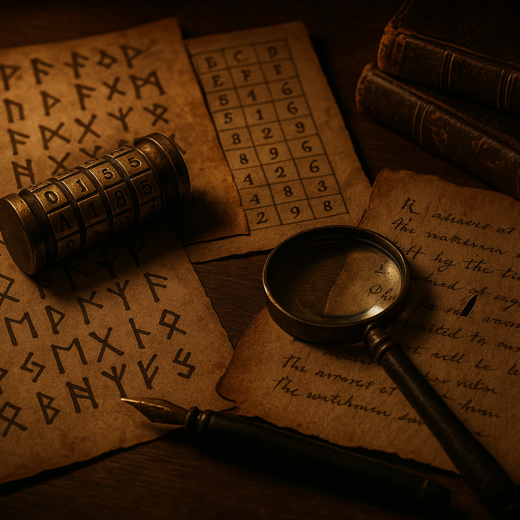Lock combination, cryptic symbols, code sheets, torn diary pages