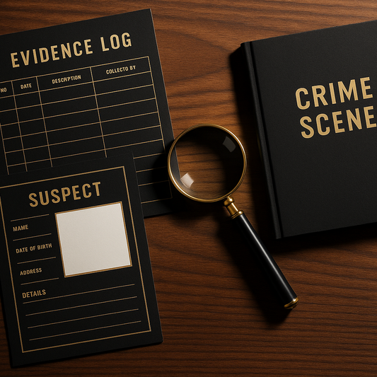 A modern flat-lay of sleek black-and-gold detective tools on a wooden desk — including neatly designed evidence log sheets, suspect profile cards, magnifying glass, and crime scene sketchpad. High contrast lighting with soft shadows, minimalist yet dramatic style.
