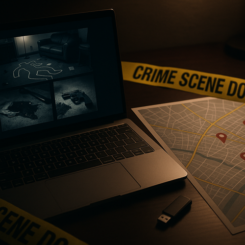 Laptop with crime photos, digital map with red pins, USB driv, crime yellow tape
