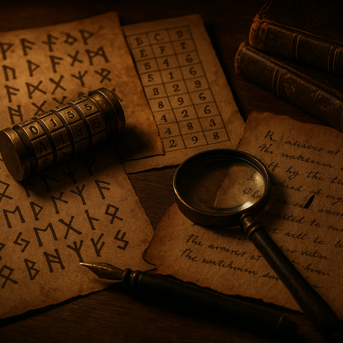 Lock combination, cryptic symbols, code sheets, torn diary pages