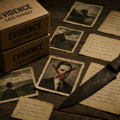 square image: Stacked boxes, torn photos, aged handwritten notes and a photo with cross mark and a knife with blood