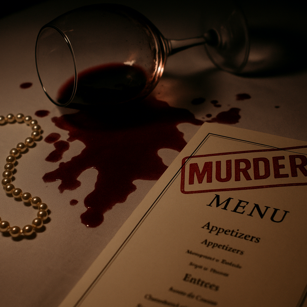 Wine glass tipped over with spilled red wine, pearl necklace, folded menu with “Murder!” stamp