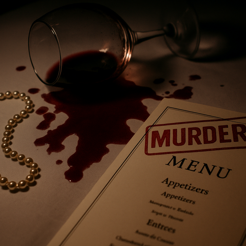 Wine glass tipped over with spilled red wine, pearl necklace, folded menu with “Murder!” stamp