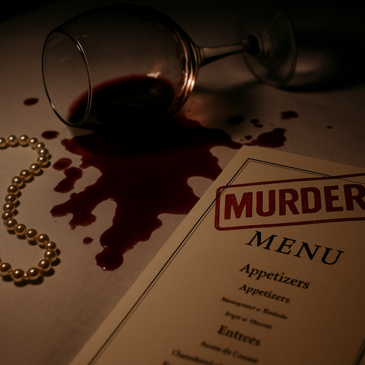 Wine glass tipped over with spilled red wine, pearl necklace, folded menu with “Murder!” stamp
